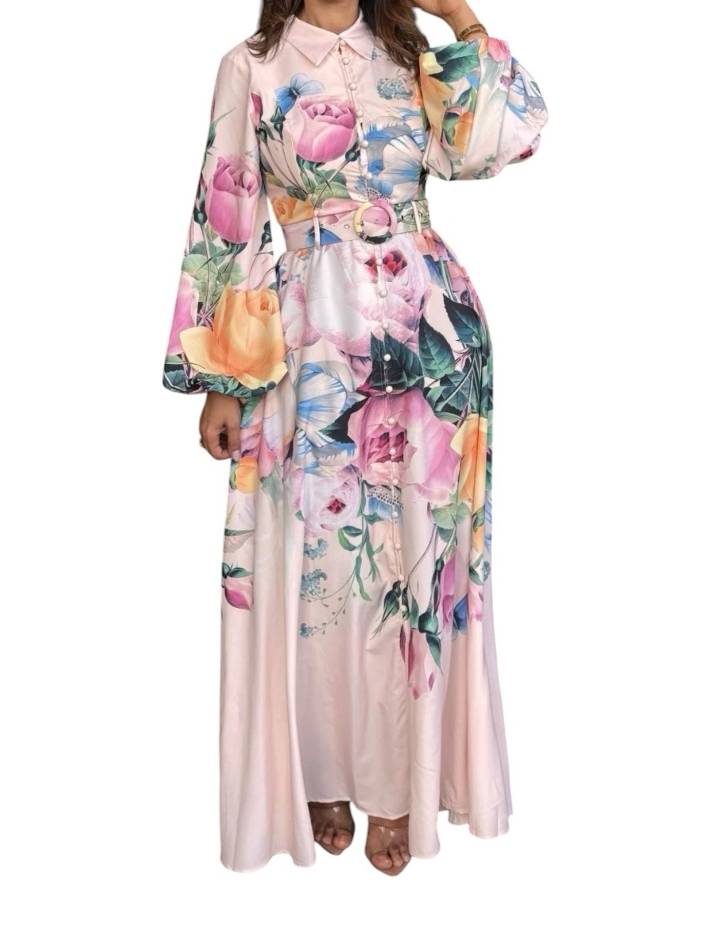 🆕 Floral Long Sleeve Belted Maxi Dress in Blush Pink - L